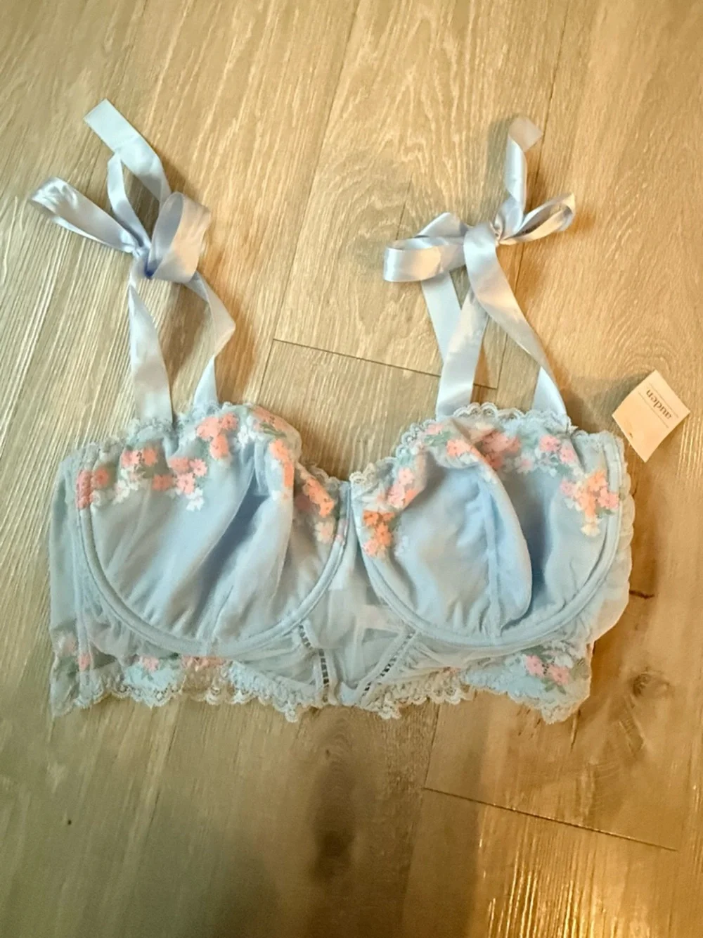 Light Blue Floral Lace Balconette Bra with Ribbon Straps - Picture 1 of 11